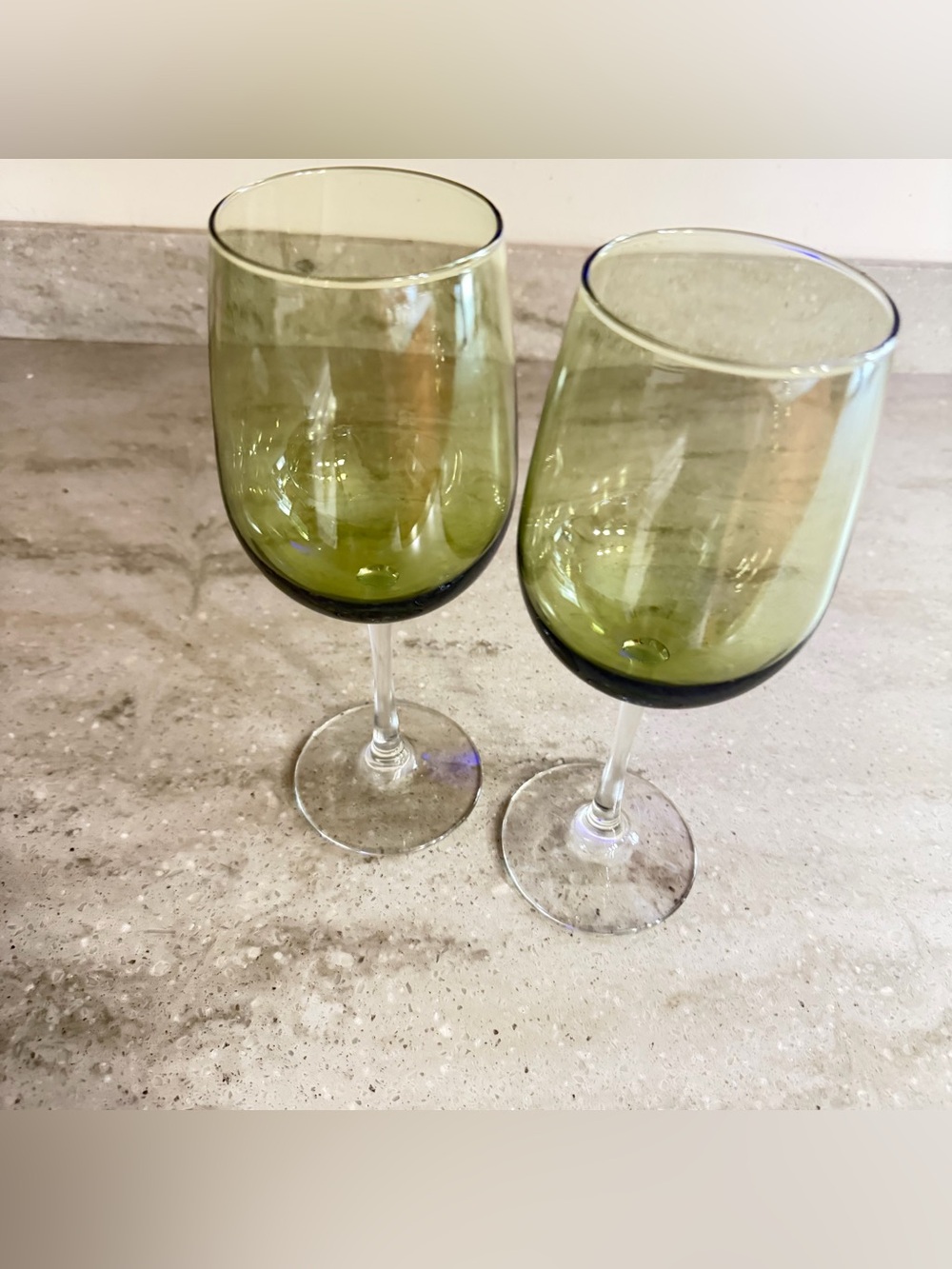 Pier 1 Imports Pantiago Olive Green Wine Glasses Clear Stem Set of 2 - Picture 4 of 8